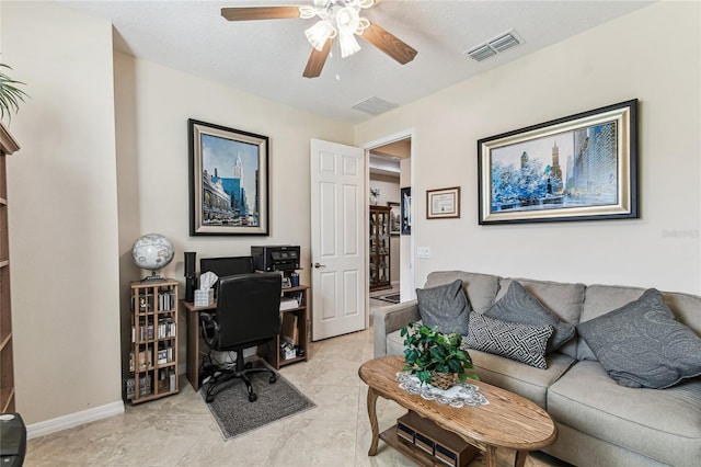 office area with ceiling fan