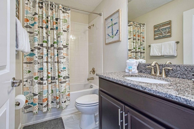 full bathroom featuring marble finish floor, shower / bathtub combination with curtain, toilet, vanity, and a textured ceiling