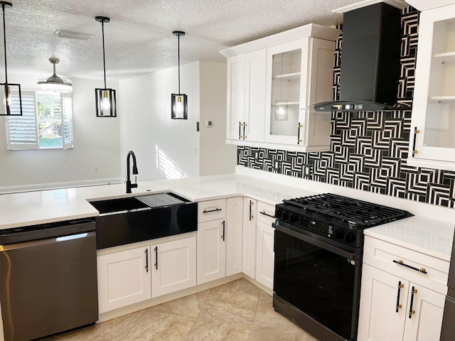9319 SE 173rd Hyacinth St, The Villages, FL 32162 - kitchen featuring light countertops, stainless steel dishwasher, hanging light fixtures, black range with gas stovetop, and glass insert cabinets