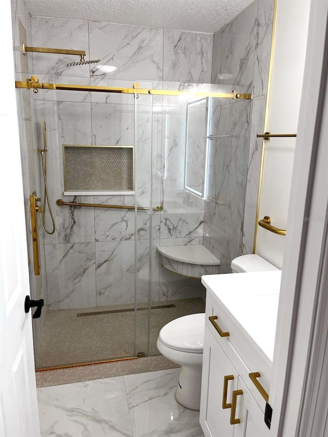 9319 SE 173rd Hyacinth St, The Villages, FL 32162 - full bath with a marble finish shower, toilet, marble finish floor, a textured ceiling, and vanity