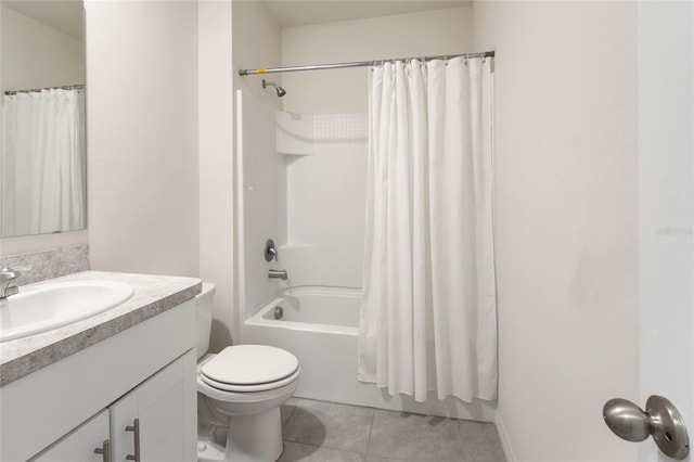 bathroom with tile patterned flooring, shower / bathtub combination with curtain, toilet, and vanity