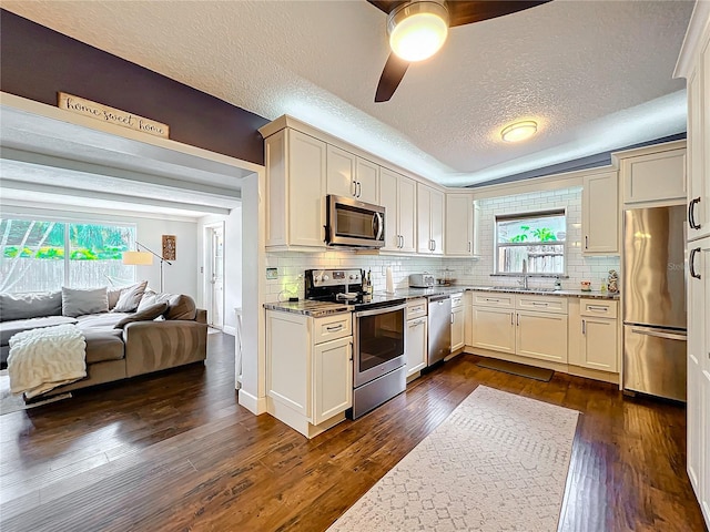3004 Lake Margaret Dr, Orlando, FL 32806 - kitchen featuring appliances with stainless steel finishes, a textured ceiling, open floor plan, a ceiling fan, and dark wood-style flooring