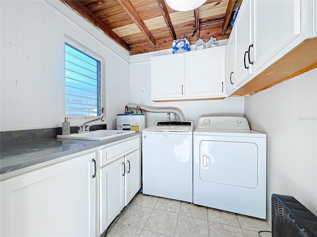 3004 Lake Margaret Dr, Orlando, FL 32806 - laundry room featuring wood ceiling, cabinet space, washing machine and clothes dryer, and water heater