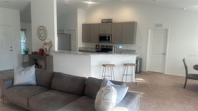 kitchen featuring appliances with stainless steel finishes, light stone counters, kitchen peninsula, high vaulted ceiling, and light colored carpet