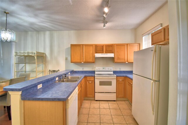 500 Monroe Cir, Davenport, FL 33896 - kitchen featuring a peninsula, dark countertops, white appliances, under cabinet range hood, and a sink