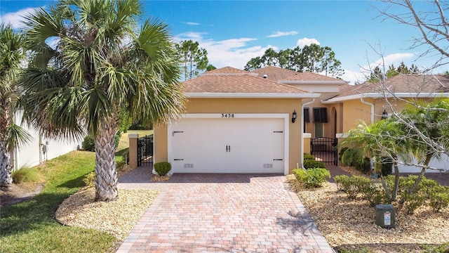 view of front of house featuring an attached garage, a gate, fence, decorative driveway, and stucco siding