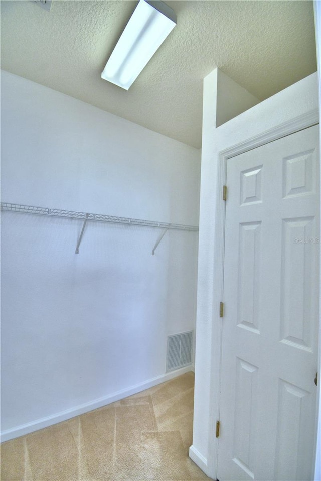 spacious closet with light carpet and visible vents