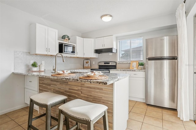 kitchen featuring under cabinet range hood, stainless steel appliances, tasteful backsplash, and light tile patterned flooring