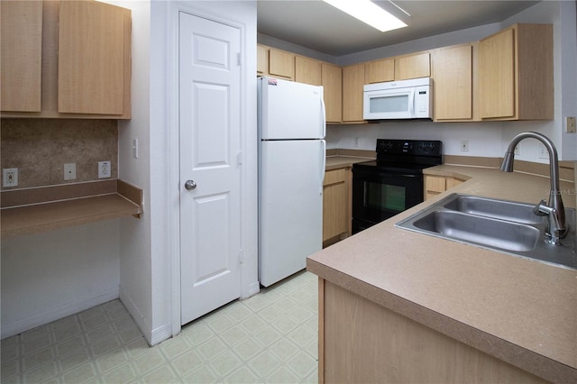 kitchen featuring a sink, light floors, white appliances, and light brown cabinets