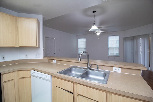 kitchen featuring dishwasher, a sink, and light brown cabinetry