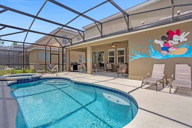 view of swimming pool featuring a patio area, area for grilling, an in ground hot tub, and glass enclosure