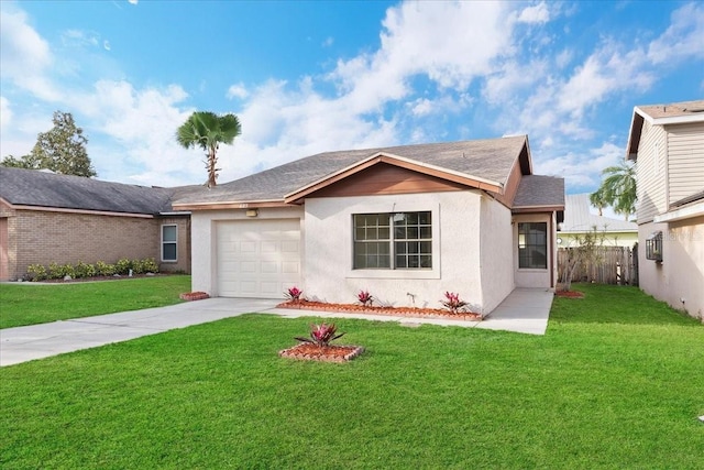 ranch-style home with stucco siding, fence, concrete driveway, a front yard, and a garage