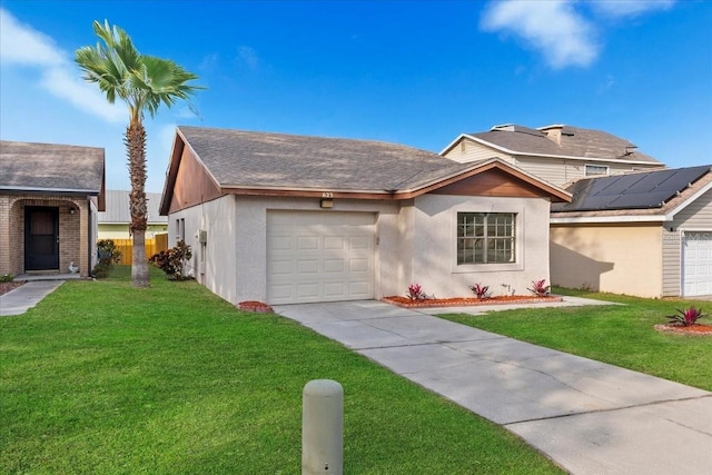 single story home with a front yard, a shingled roof, stucco siding, concrete driveway, and a garage