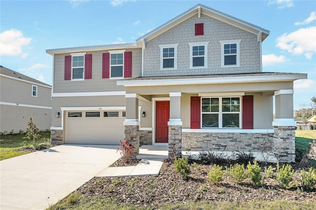 craftsman house with stone siding, a porch, concrete driveway, and stucco siding