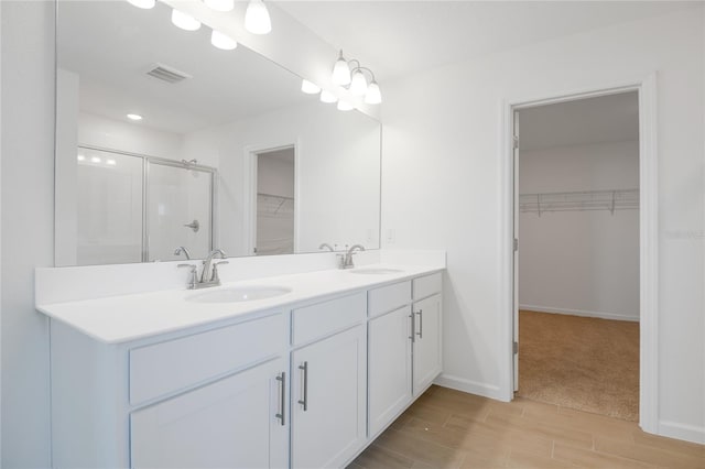 bathroom featuring a sink, a spacious closet, a shower stall, and double vanity