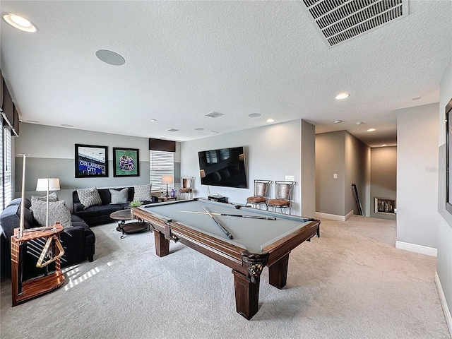 playroom with recessed lighting, light carpet, billiards, visible vents, and baseboards