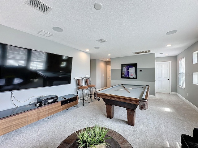 game room featuring light carpet and visible vents