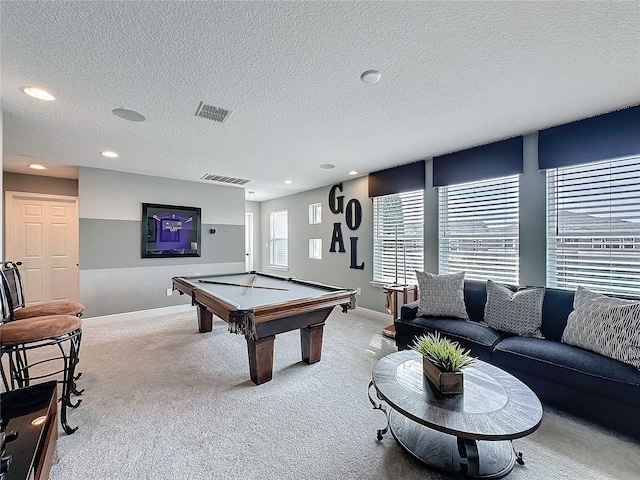 recreation room with light carpet, billiards, and visible vents