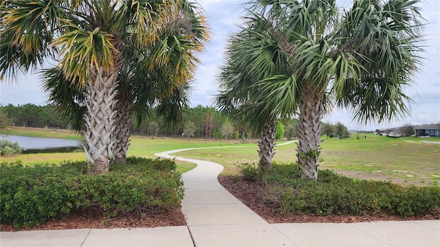 view of property's community featuring a water view and a yard