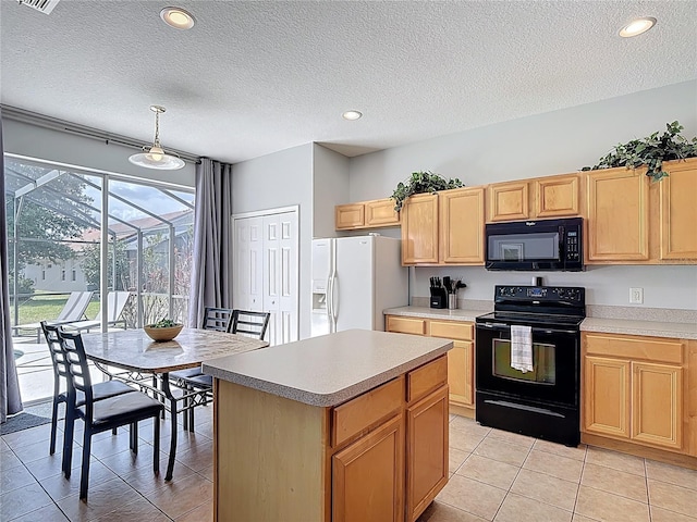 131 Stella Pass, Davenport, FL 33837 - kitchen with black appliances, light tile patterned floors, a textured ceiling, light brown cabinets, and a kitchen island