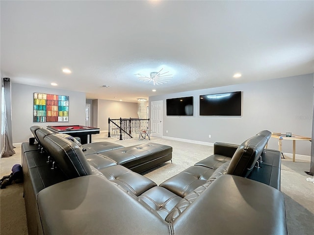 living area with recessed lighting, light carpet, billiards, and baseboards