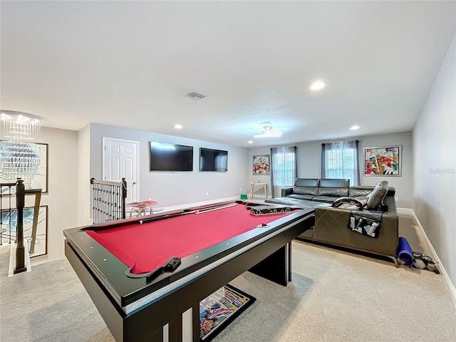 rec room featuring recessed lighting, pool table, visible vents, light carpet, and baseboards