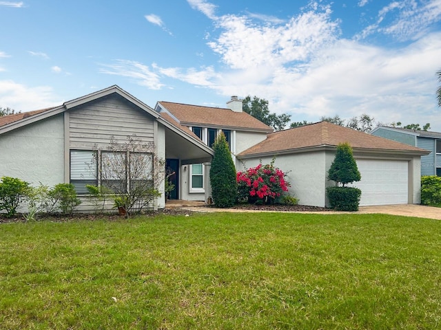 view of front of house with a front lawn, a chimney, and stucco siding