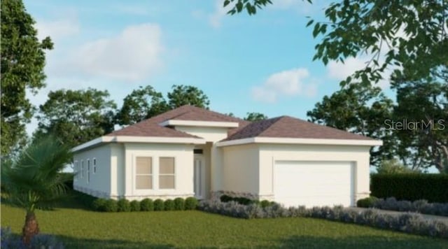 view of front of property with an attached garage, a front yard, and stucco siding