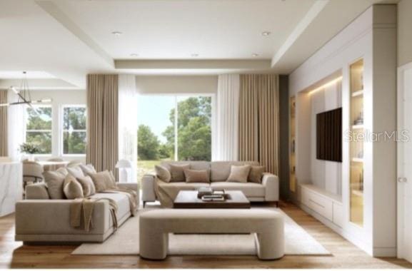 living room with a healthy amount of sunlight, light wood-type flooring, and a raised ceiling