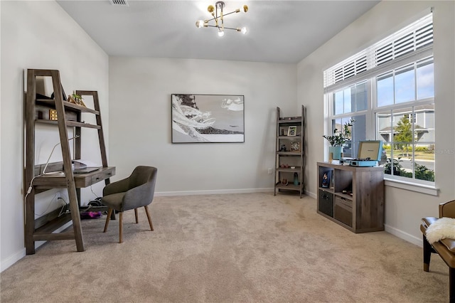 home office with light carpet, visible vents, baseboards, and a chandelier