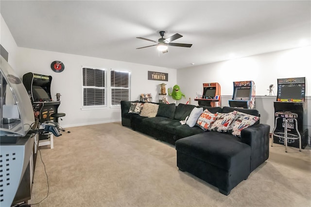 living room featuring light carpet and ceiling fan