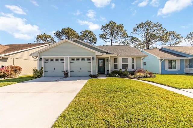 ranch-style house with a garage, driveway, and a front yard