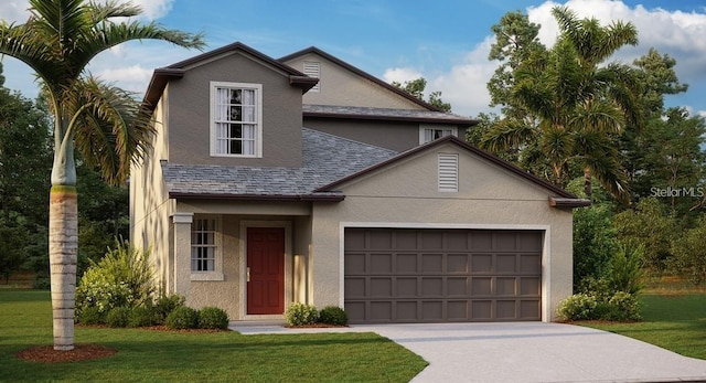 traditional home featuring a garage, a shingled roof, concrete driveway, stucco siding, and a front yard