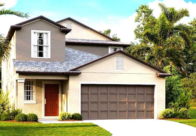 view of front of home featuring a garage, a shingled roof, driveway, stucco siding, and a front yard