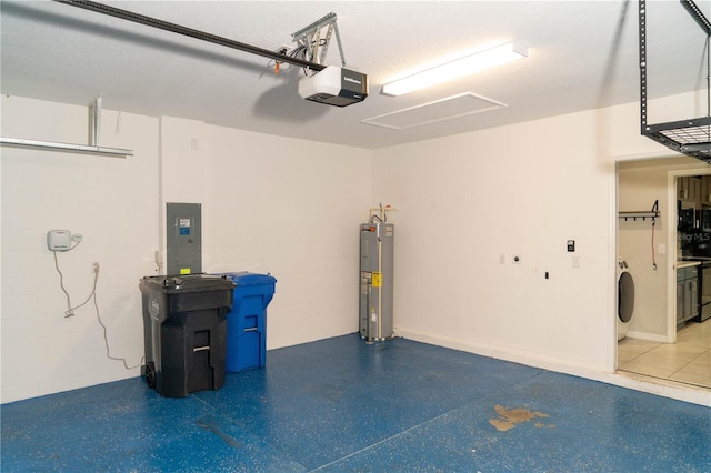 garage featuring concrete block wall, electric panel, a garage door opener, washer / clothes dryer, and water heater