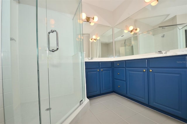 full bathroom with tile patterned flooring, a shower stall, and double vanity