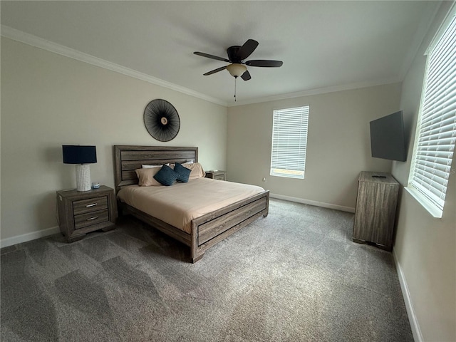 bedroom with carpet flooring, crown molding, and baseboards