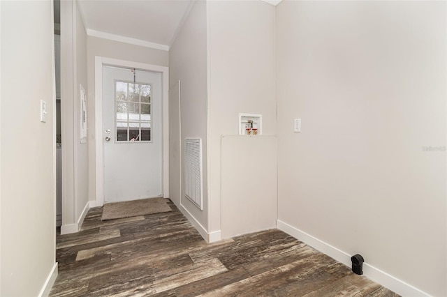 washroom with laundry area, baseboards, visible vents, ornamental molding, and dark wood-style flooring