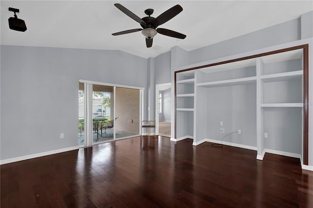 923 Tramells Trl, Kissimmee, FL 34744 - unfurnished bedroom with dark wood-style flooring, lofted ceiling, a ceiling fan, access to outside, and baseboards