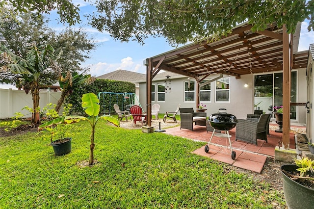 view of yard with an outdoor fire pit, fence, a patio, and a pergola