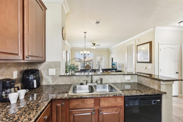 kitchen with black dishwasher, a sink, and brown cabinets