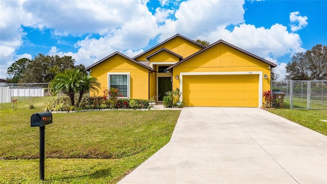 ranch-style house with stucco siding, fence, a garage, driveway, and a front lawn