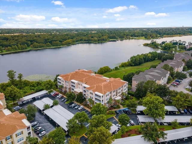 bird's eye view with a water view