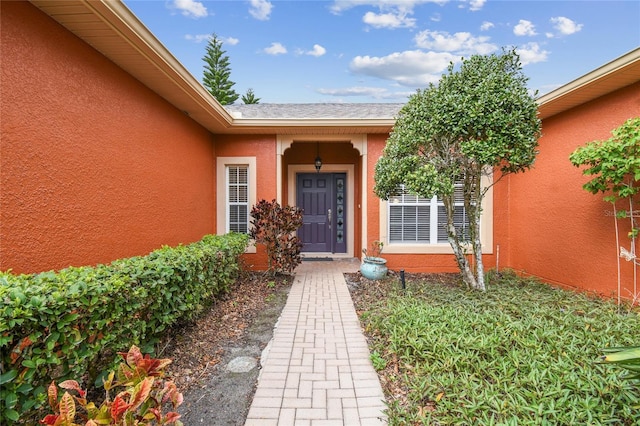 view of exterior entry with stucco siding