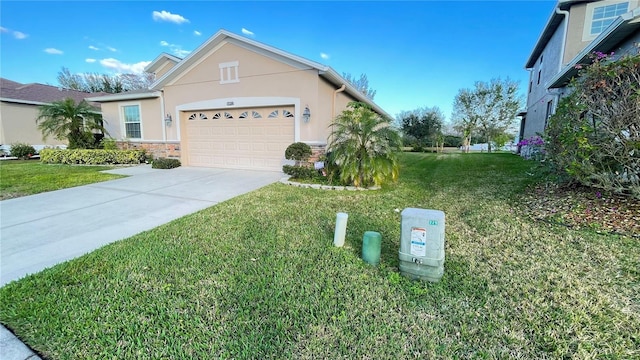 view of home's exterior with a garage, driveway, a lawn, and stucco siding