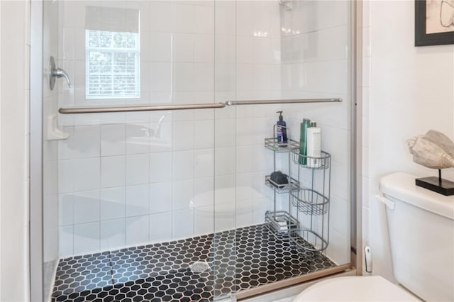 bathroom featuring a shower stall and toilet