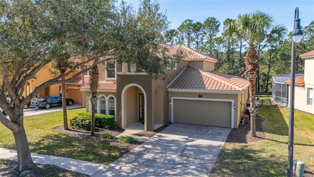 113 Tiger Lily Ct, Davenport, FL 33837 - mediterranean / spanish house featuring a tile roof, stucco siding, a garage, concrete driveway, and a front lawn