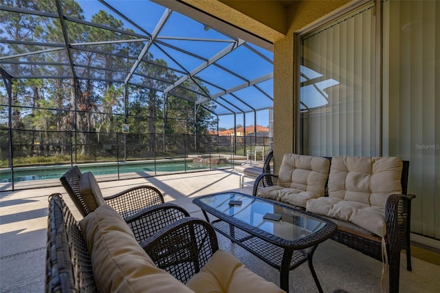 113 Tiger Lily Ct, Davenport, FL 33837 - view of patio featuring an outdoor hangout area, glass enclosure, and a pool with connected hot tub