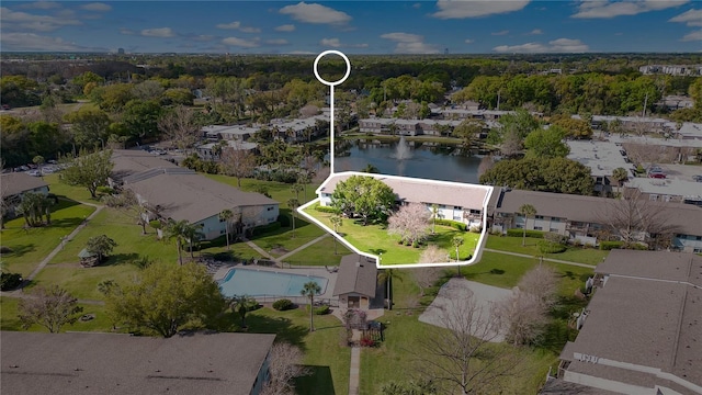 1695 Lee Rd Unit E103, Winter Park, FL 32789 - aerial perspective of suburban area featuring a large body of water, a pool area, and property parcel outlined
