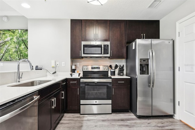 kitchen with a sink, visible vents, light countertops, appliances with stainless steel finishes, and light wood finished floors